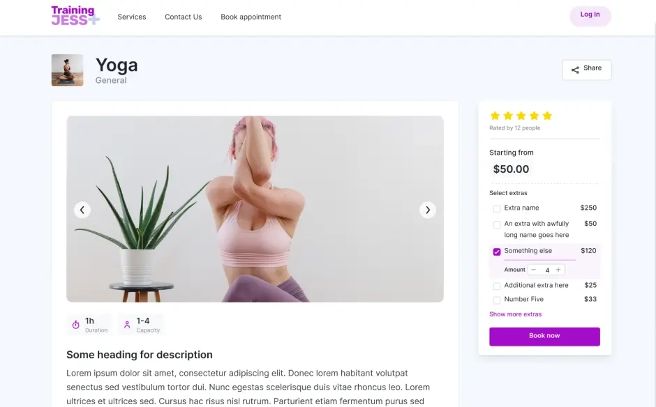 Jambooker’s booking page template for yoga