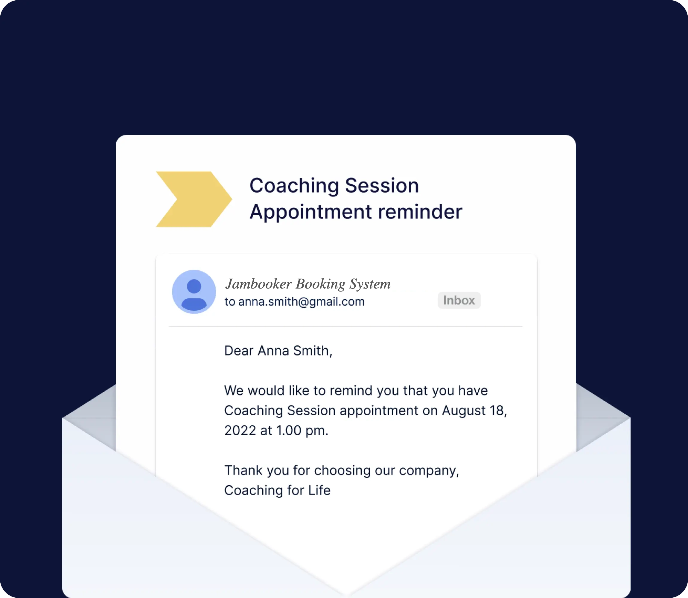 An email reminder from Jambooker for a coaching session